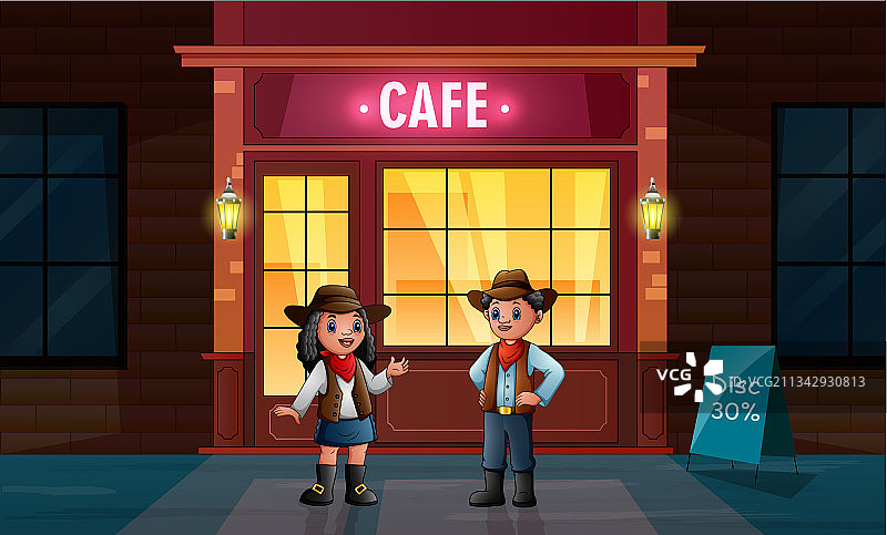 咖啡馆前的非洲牛仔和女牛仔图片素材