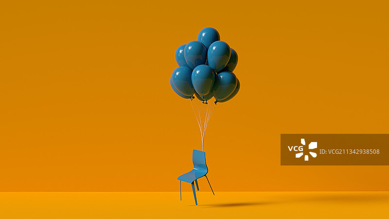 绑在气球上的椅子在柔色背景前图片素材