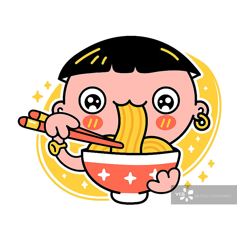 可爱男孩手捧碗吃面条图片素材