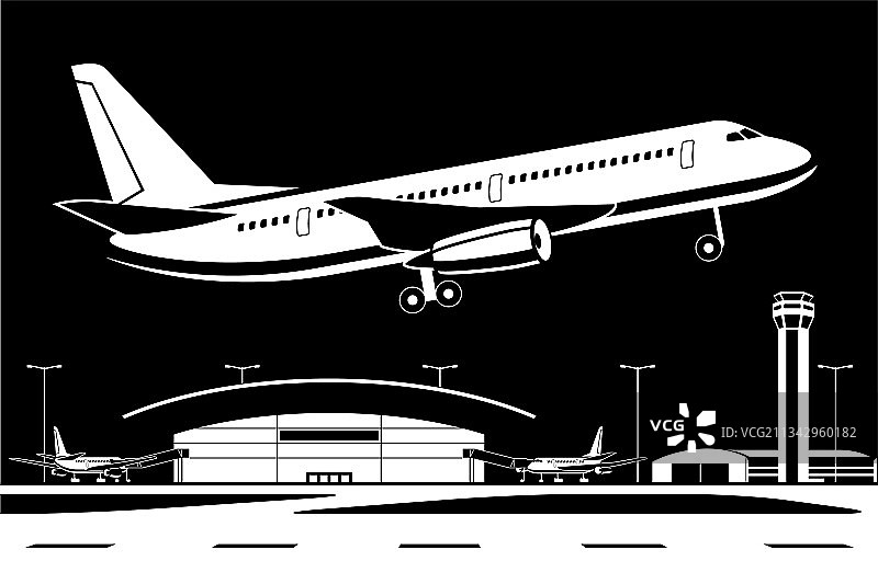 夜间飞机从机场起飞图片素材