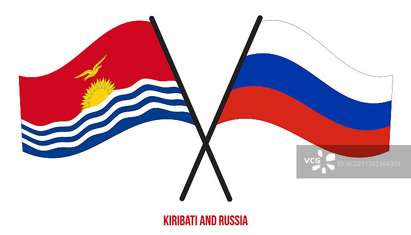 基里巴斯和俄罗斯国旗交叉飘扬扁平设计图片素材