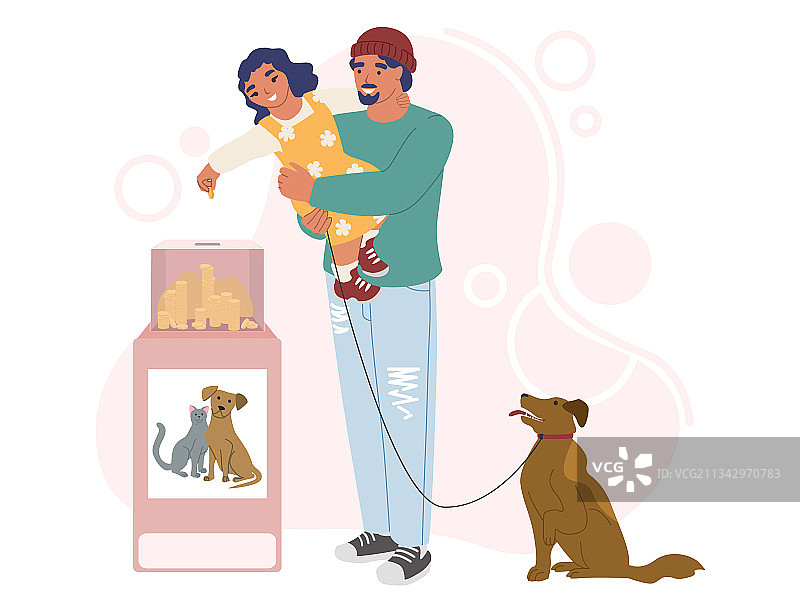 可爱的女孩向流浪动物捐款箱里投币图片素材