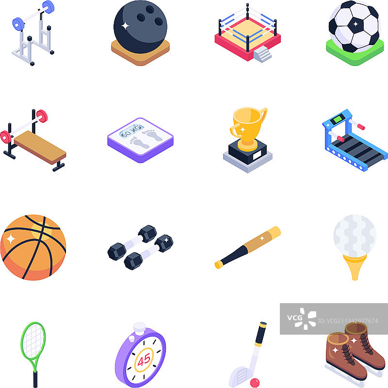 健身工具和运动配件2.5D等距图标图片素材