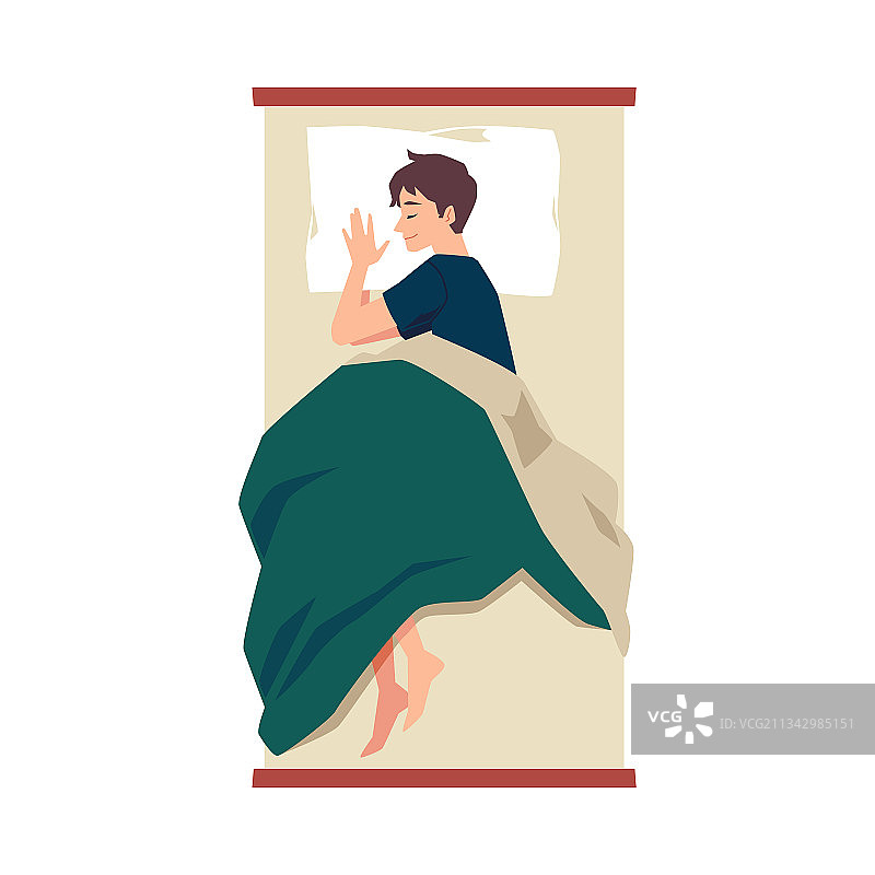 男人在床上盖着毯子做美梦（扁平风格）图片素材