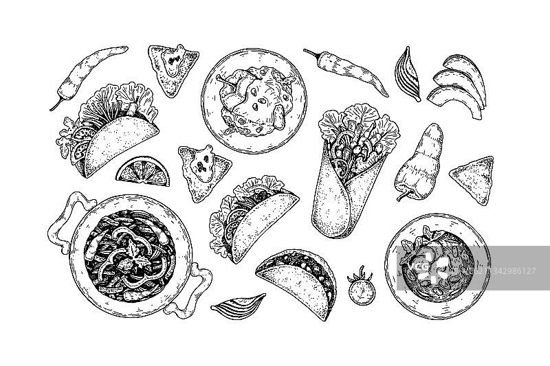 素描风格手绘墨西哥美食素材图片素材