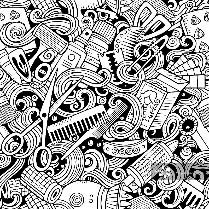 手绘美发沙龙涂鸦无缝图案图片素材