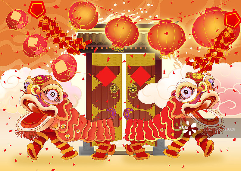 国潮风新年新春过大年春节庆祝活动舞狮子年味热闹国风插画图片素材