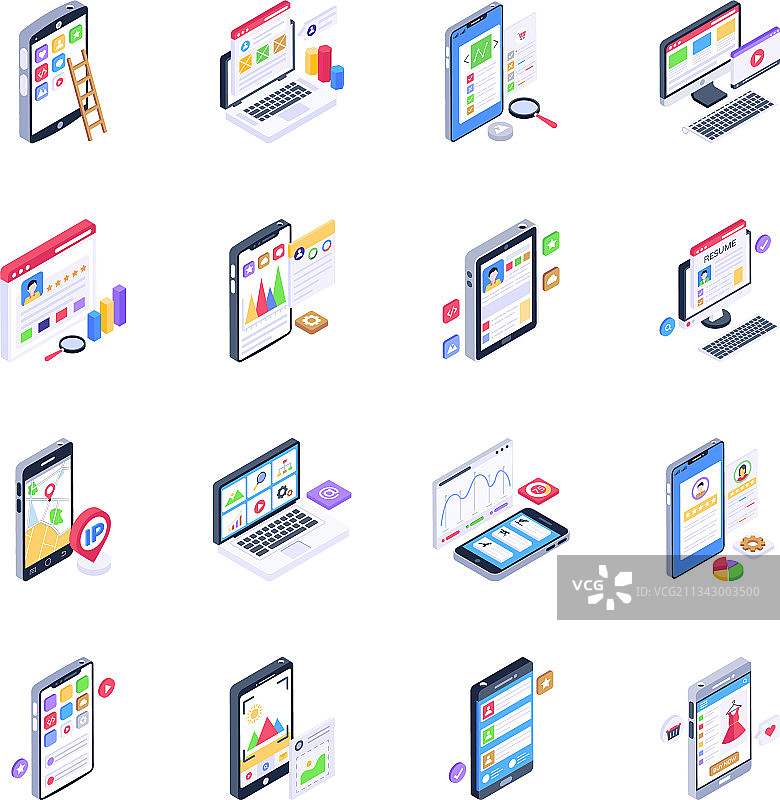 移动应用程序2.5D等距图标包图片素材