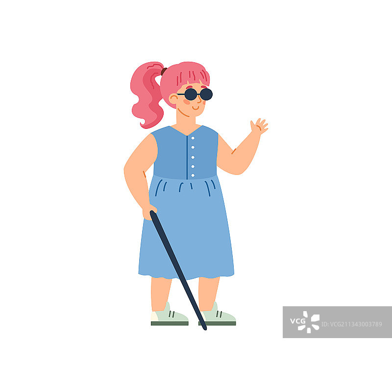 拄着拐杖的失明残疾女孩卡通图片素材