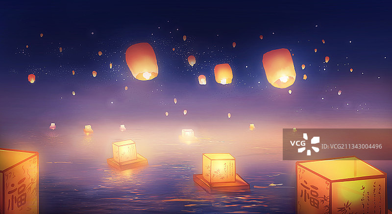 中元节祈福放河灯图片素材
