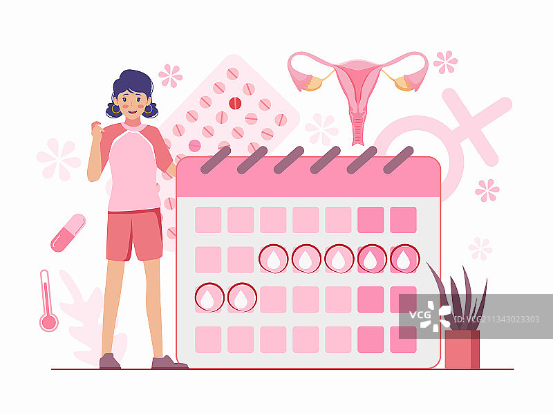女生站在月经日历旁边微笑矢量插画图片素材