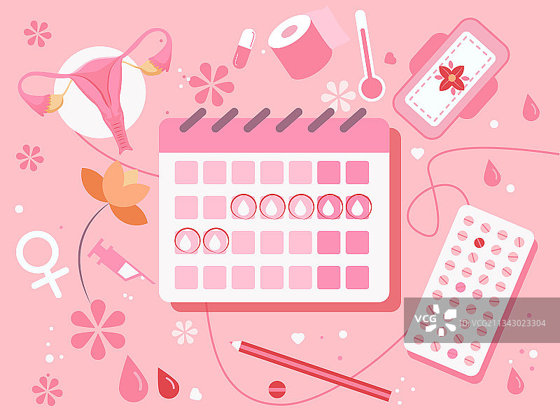 日历旁边摆放着月经期用品矢量插画图片素材
