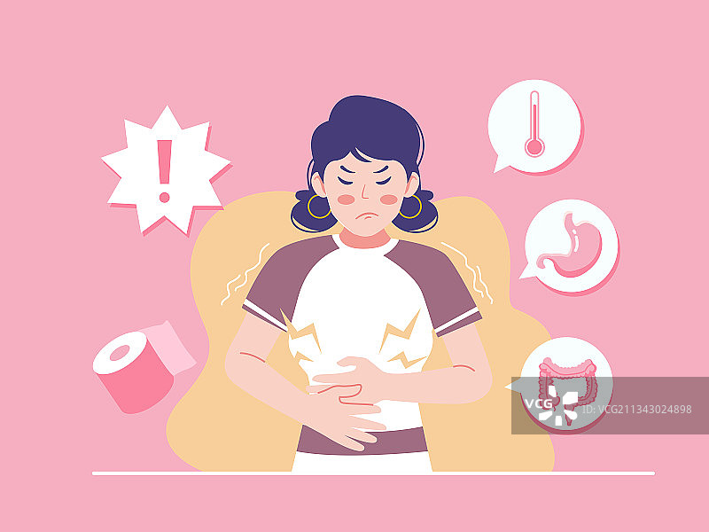 肠胃炎犯病女生抱着肚子矢量插画图片素材