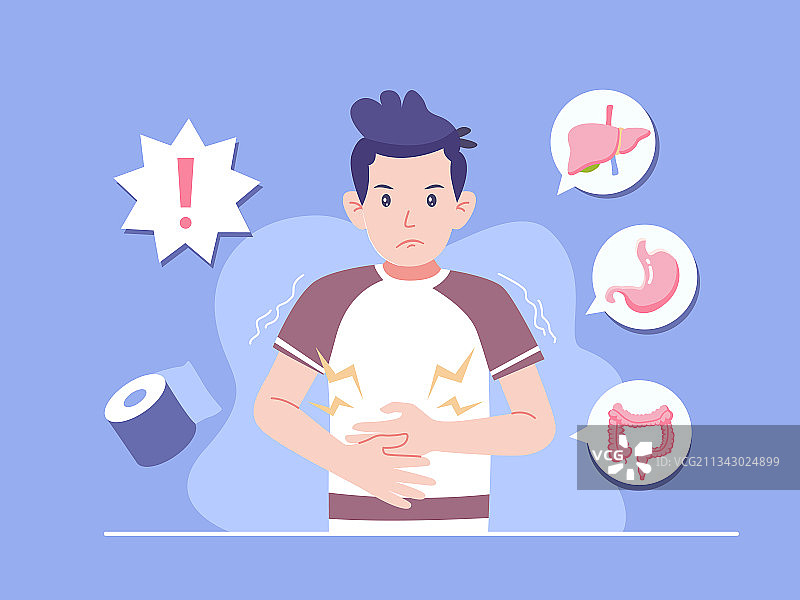 男生肚子疼痛抱着肚子矢量插画图片素材