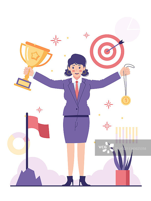 女青年一手拿着奖杯一手拿着奖牌插画图片素材