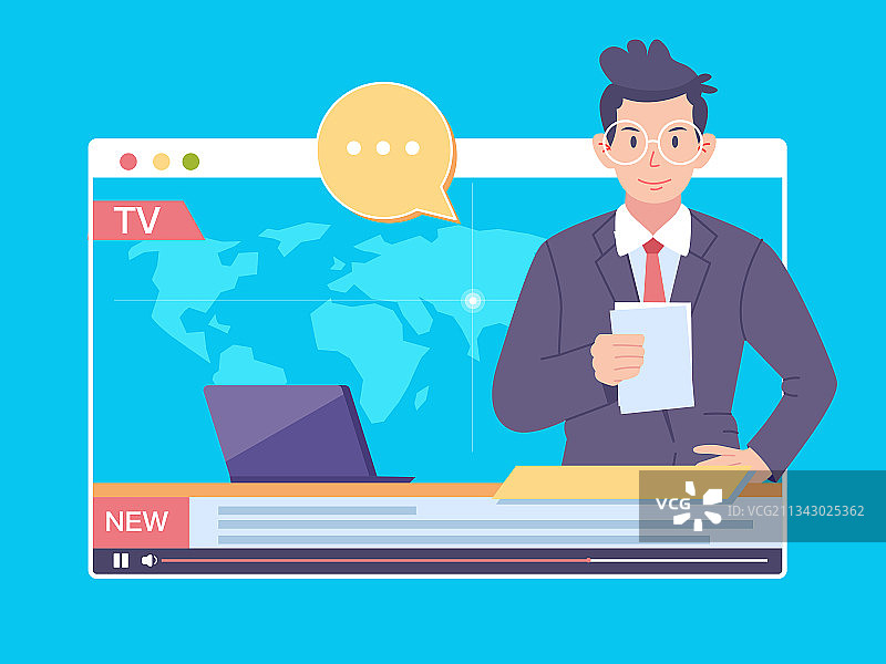男青年在网页里面播报新闻插画图片素材