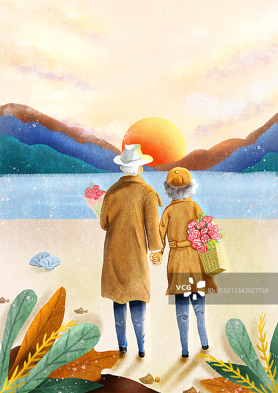 七夕情侣老人浪漫夕阳西下海滩插画图片素材
