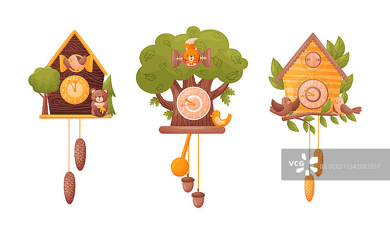 带有悬挂钟摆和鸟的木制布谷鸟钟图片素材