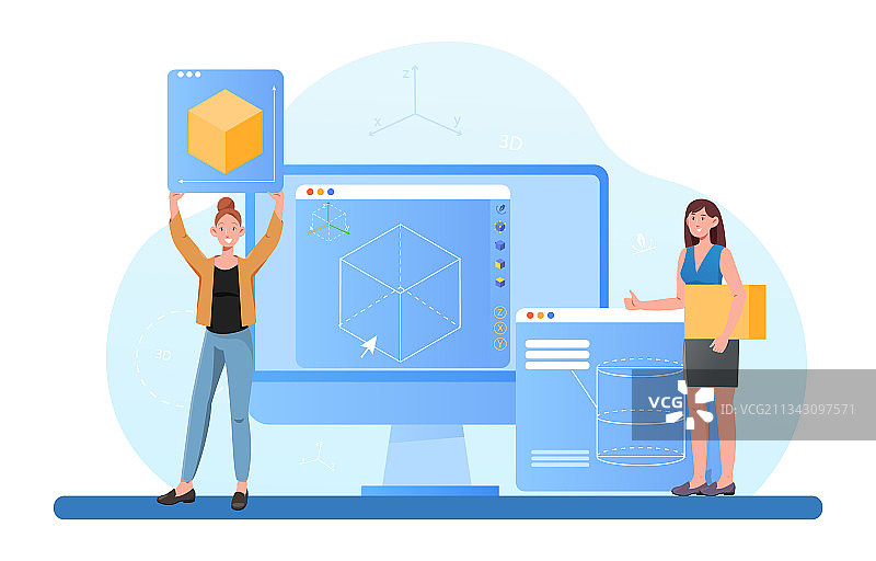 两个微笑的女性角色正在进行3D打印图片素材