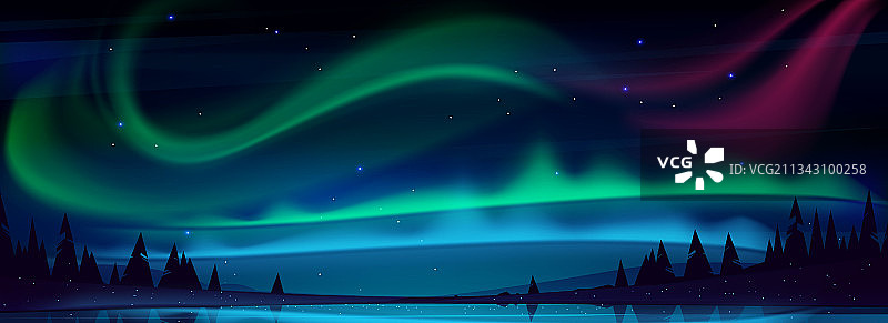 北极光在夜空湖面上图片素材