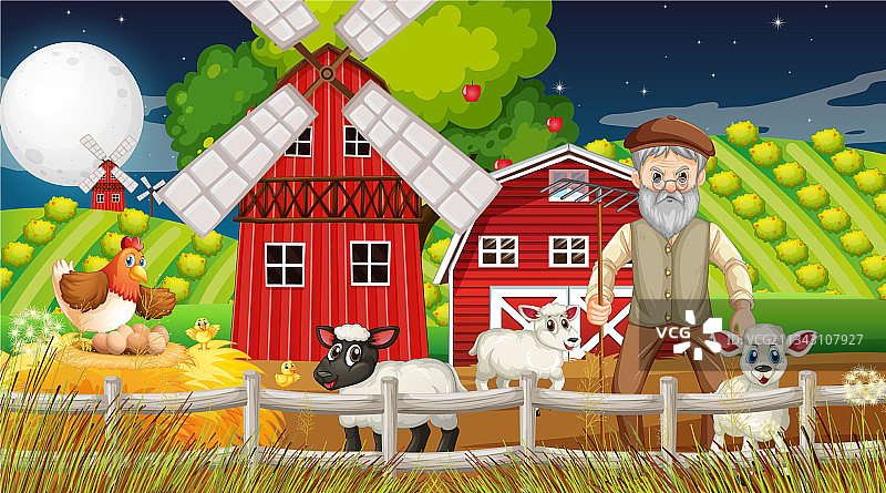 夜间农场：老农和农舍图片素材