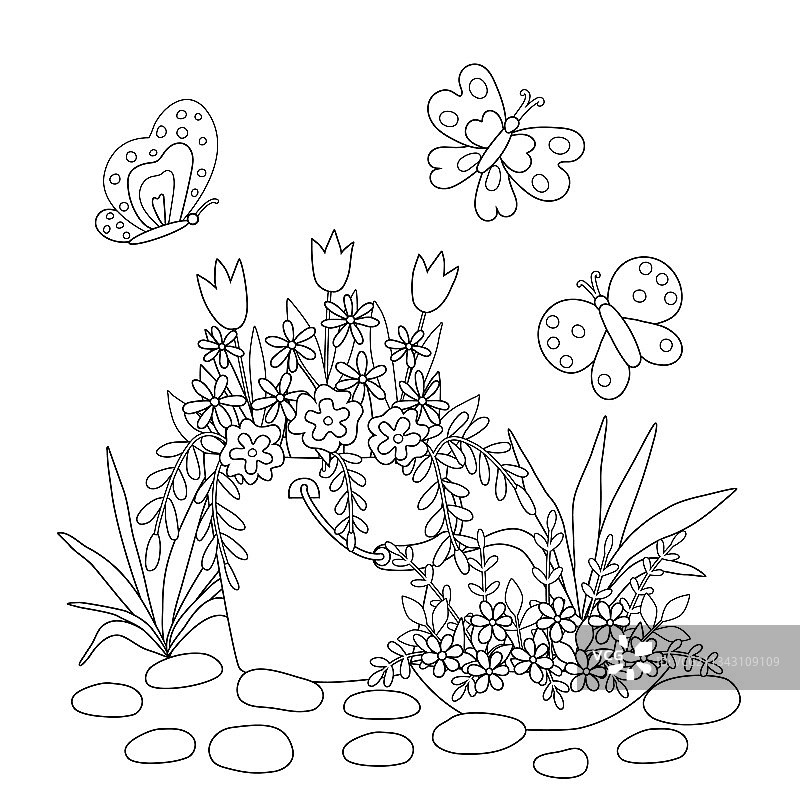 可爱的春季花园花束涂色书图片素材