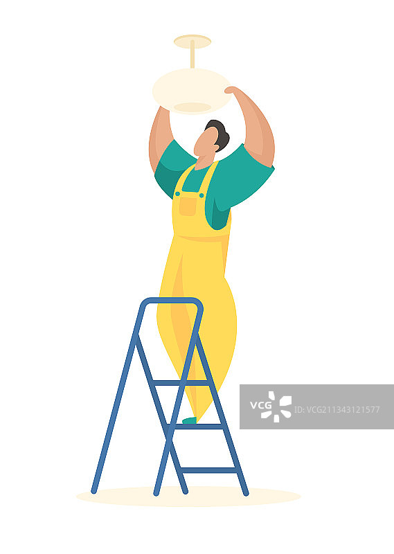 穿制服的男子安装灯具和室内灯罩图片素材