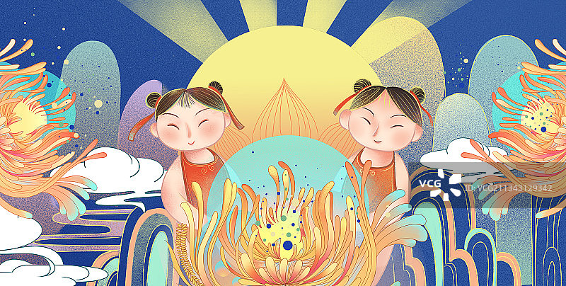 仙山菊花与童子图片素材