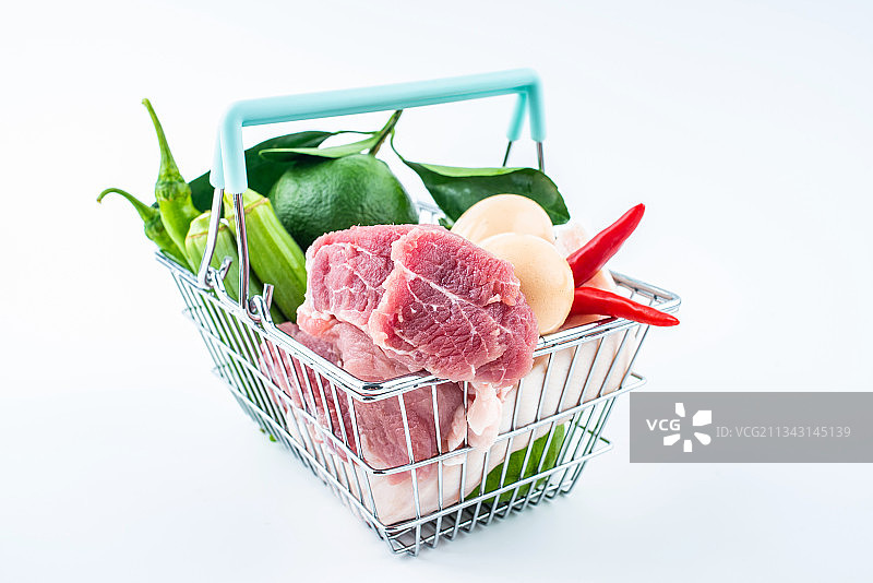 白背景上购物篮里的猪肉和蔬菜水果图片素材