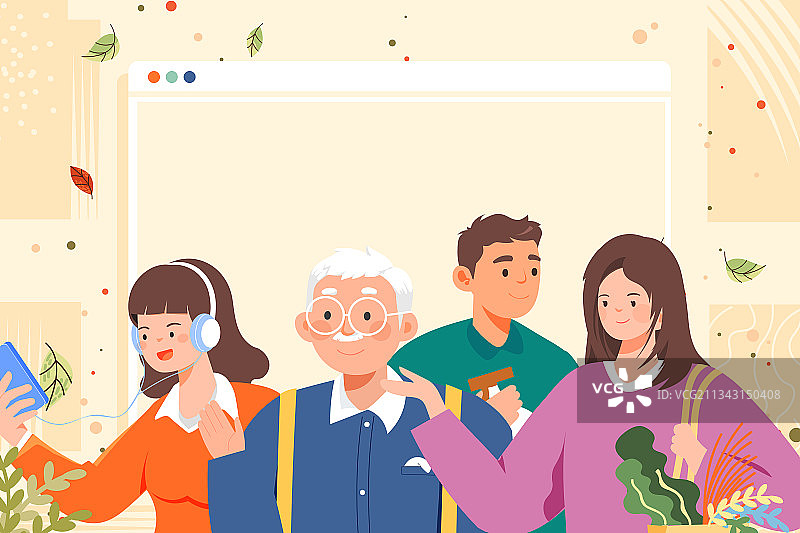 卡通家人家庭亲子老人视频通话交流沟通学生情感温馨亲情矢量插画图片素材