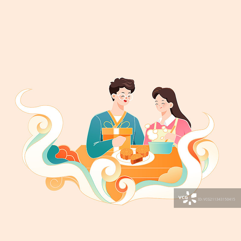 卡通中秋节传统节日习俗古人情侣家人吃饭聚餐中国风国潮矢量插画图片素材