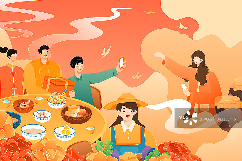 卡通中秋节传统节日习俗古人情侣家人吃饭聚餐中国风国潮矢量插画图片素材