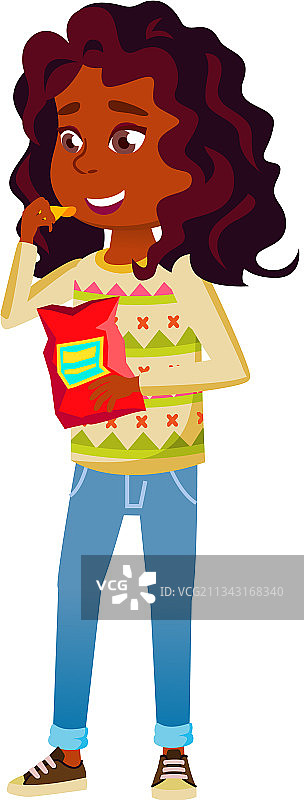 快乐的非洲女孩吃薯条卡通图片素材