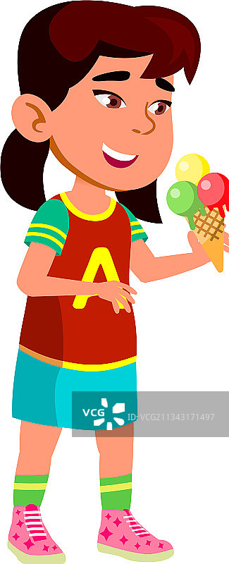 在自助餐厅吃冰淇淋的亚洲女孩卡通图片素材