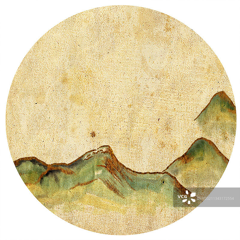 中国风金色边水墨传统华丽装饰奢靡风牛皮纸圆形背景插图山2图片素材