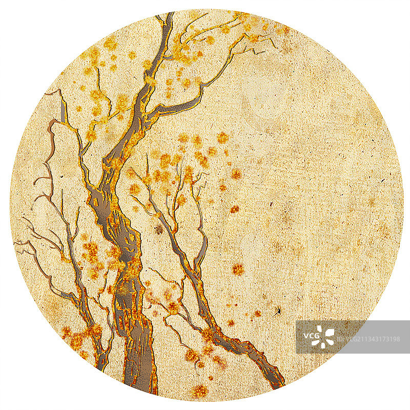 中国风金色边水墨传统华丽装饰奢靡风牛皮纸圆形背景插图树5图片素材