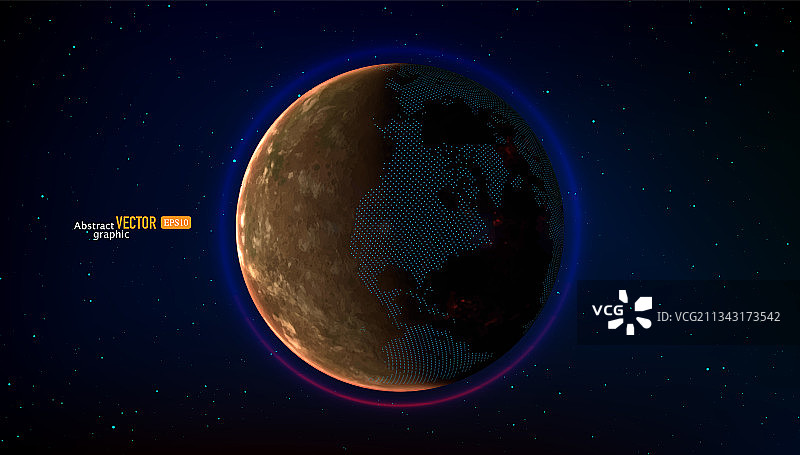 太空中行星有粒子点描绘的世界地图，抽象矢量科技商务背景图片素材