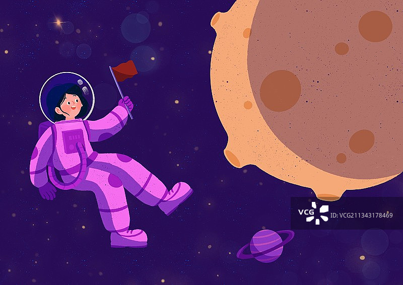 插画,太空服,人物,登上月球,旗帜,月球,方形画幅,小行星,图片素材