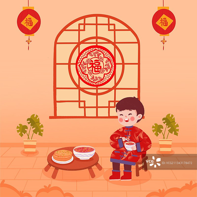 插画,年俗,大年初七,春节,新年,吃煎饼,七宝羹,人庆节,图片素材