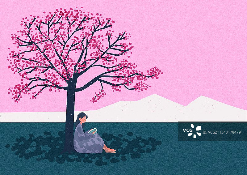 插画,人物,轮廓,绘画插图,自然,花树,树,壁纸,树下,看书图片素材