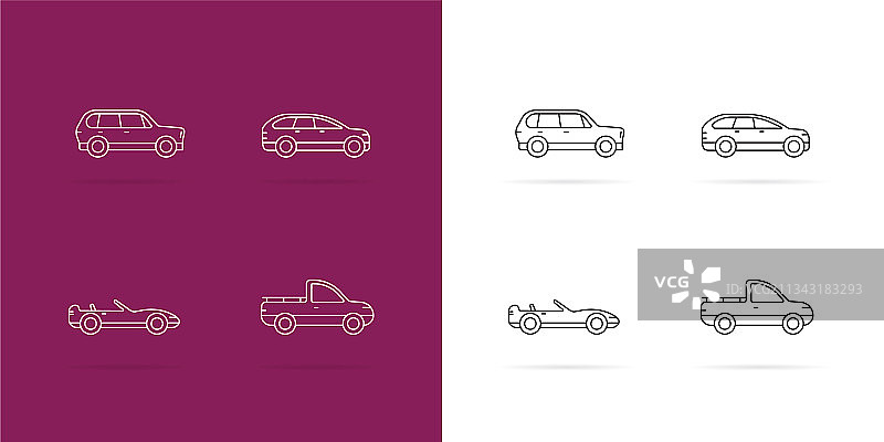 深色背景上的白色线条汽车图标合集图片素材