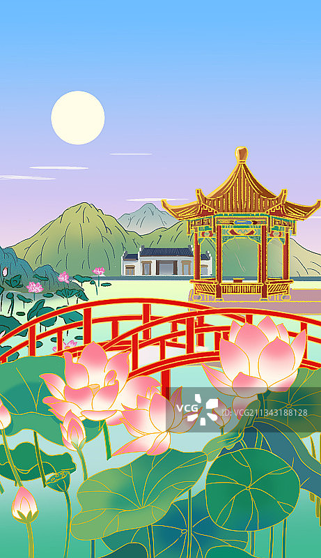 中国风荷塘月色中秋节赏月团聚国风背景节气节日素材元素插画图片素材