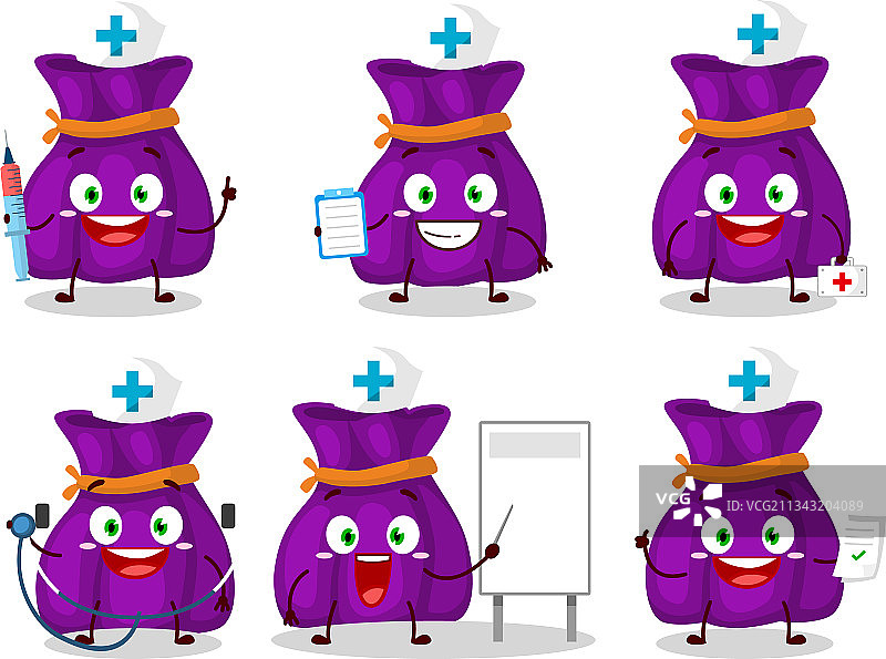 医生职业表情包与紫色糖果袋图片素材