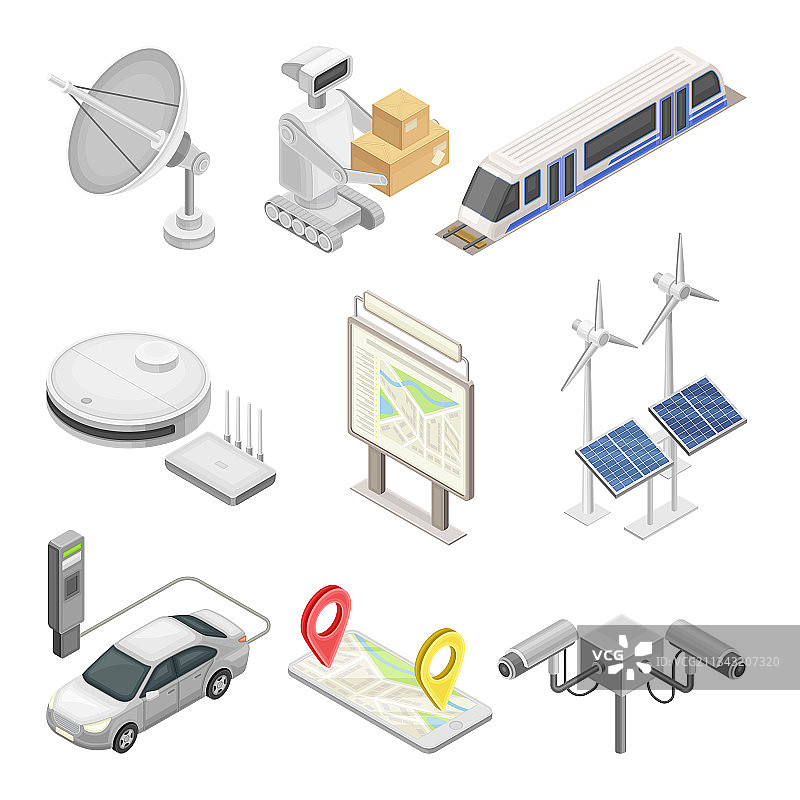 带太阳能板机器人的智慧城市电动汽车图片素材