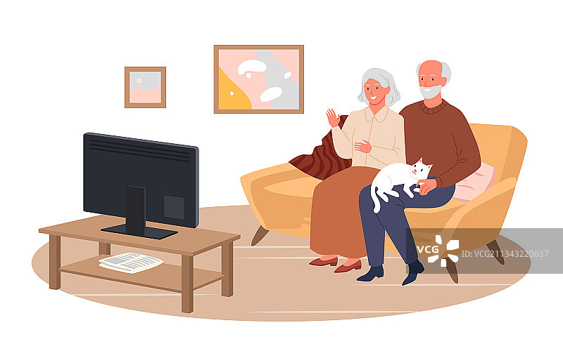 老年夫妇在家看电视电影新闻图片素材