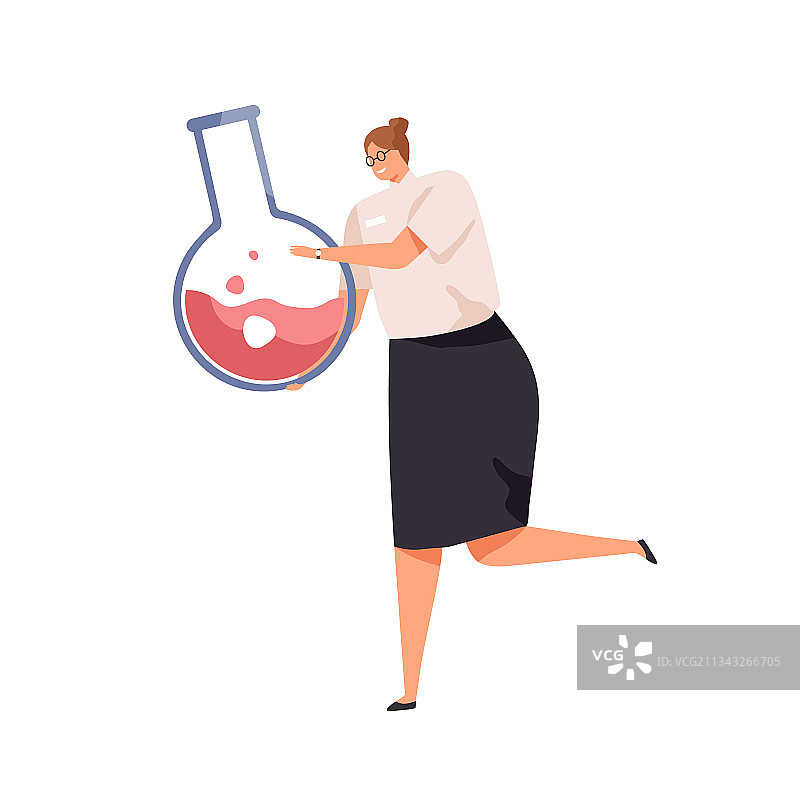 迷你女科学家与大玻璃烧瓶图片素材