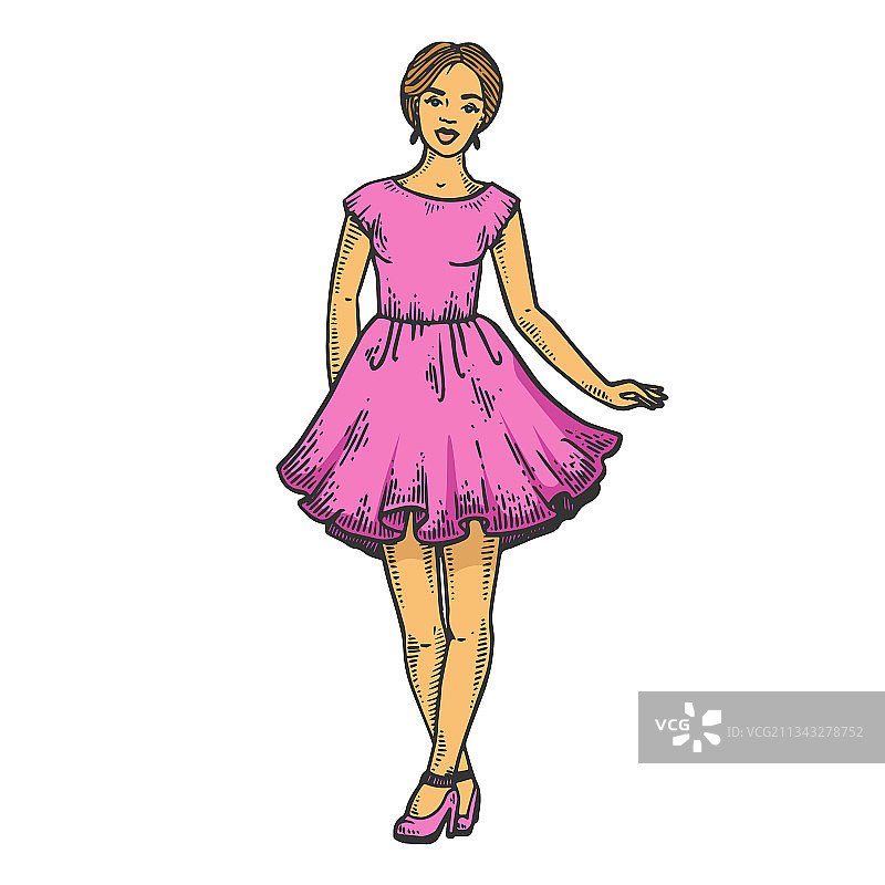 穿夏装的年轻女人线条艺术速写图片素材