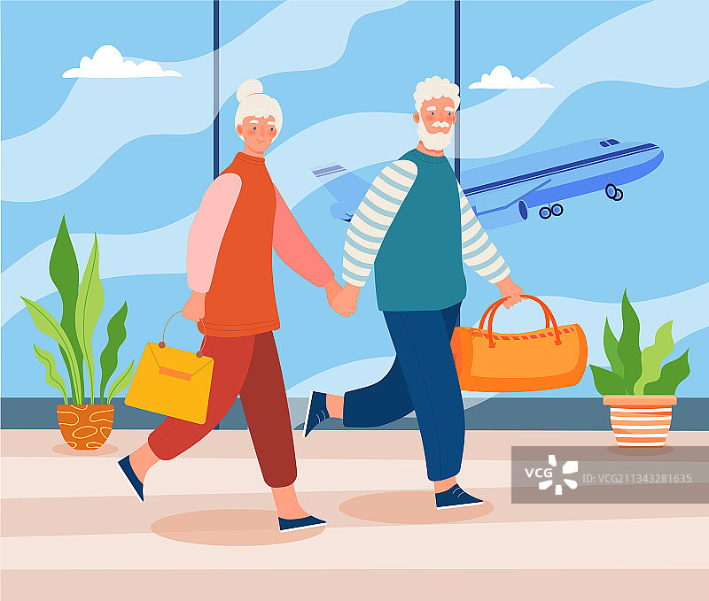在机场候机楼手牵着手的老年夫妇图片素材
