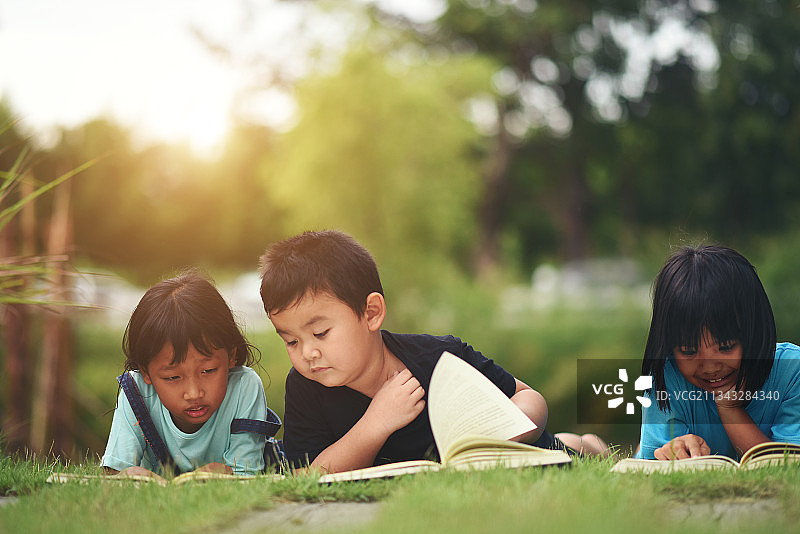 朋友们在户外草地上看书图片素材