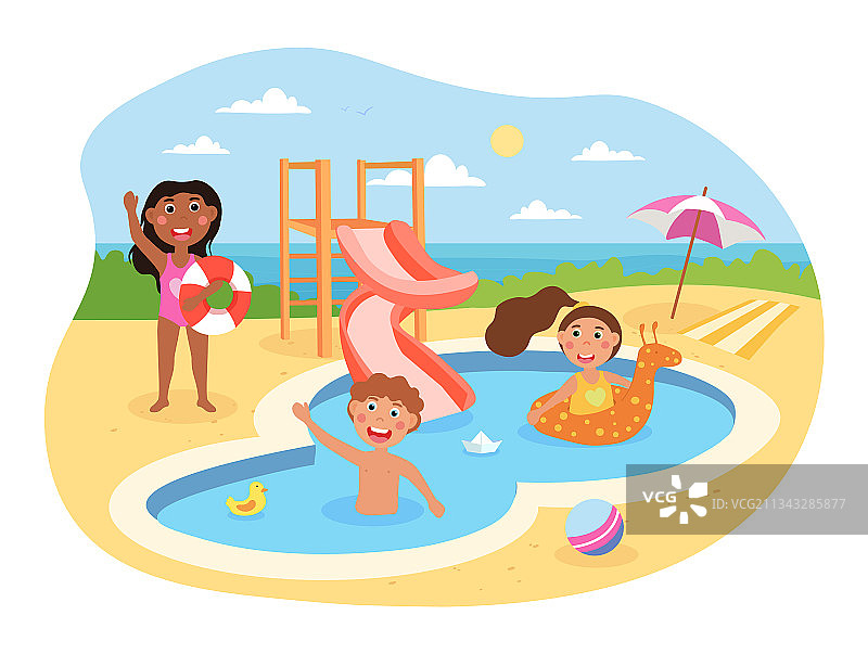 快乐的孩子们在水上乐园玩耍图片素材